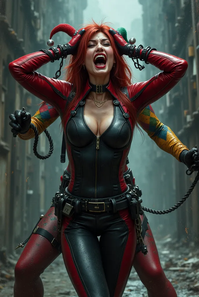 Generates an image of Black Widow being captured by Harley Quinn. The Black Widow is tied with her hands up, while Harley Quinn lashes him in the back. The Black Widow screams in pain.