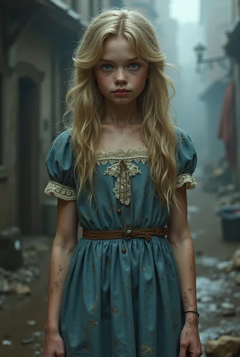 A poor girl with old Victorian blue clothes, with long blonde hair and blue eyes