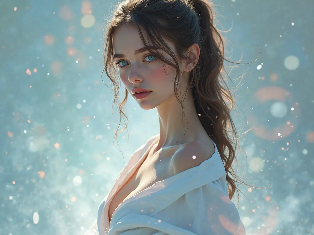 generate super realistic image for shy young goddess, delicate features, pale skin, blue eyes, long brunette hair tied in ponytail, wearing a oversized white loose man long sleeve shirt only , cleavage, perfect curvaceous body, stunning background, perfect...