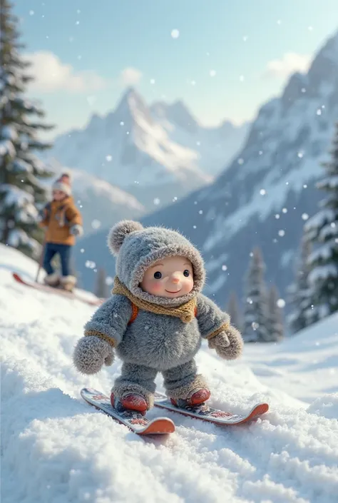 grey stuffed dwarf learning to ski with an adult human instructor 
