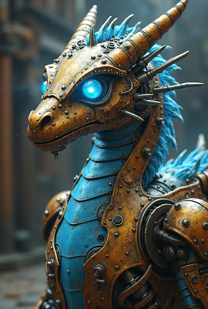 Une illustration steampunk d’un dragon mécanique, avec une armure dorée détaillée composée de plaques de métal finement ouvragées et de tuyaux entremêlés, ajusté avec des plaques dorées mises en valeur, des effets de vapeur accentuant son côté mécanique, e...