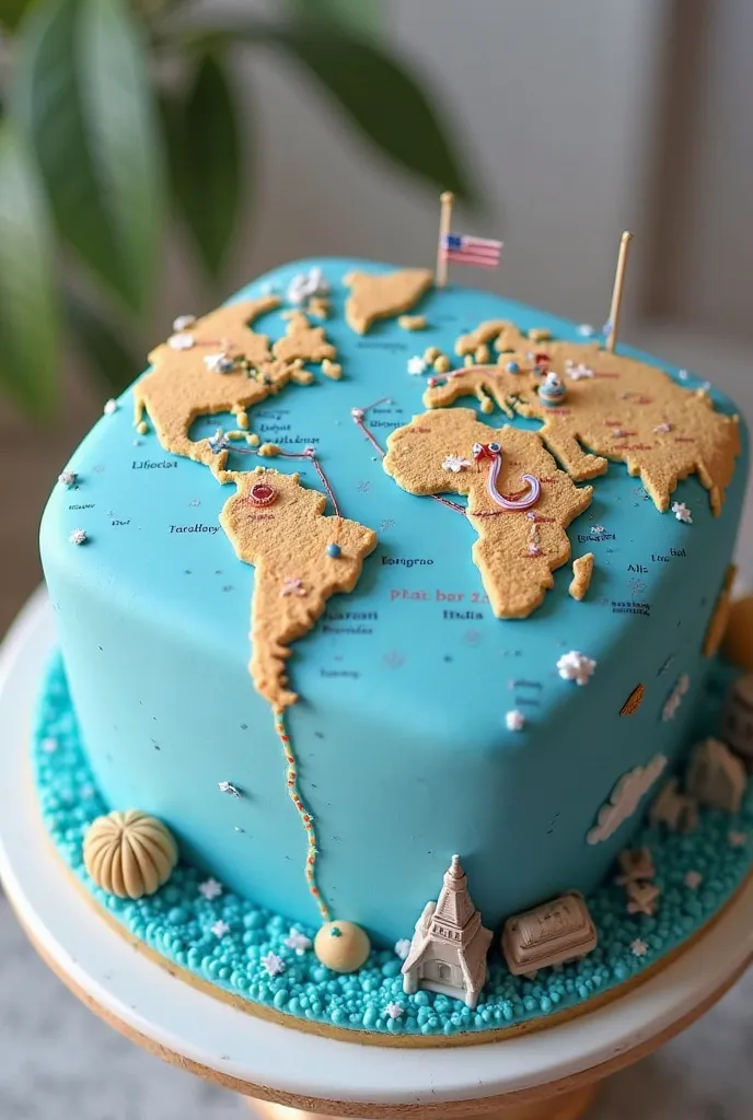 Square shape sky blue colour world map themed cake which indicated the route from uk to india and add location symbol 