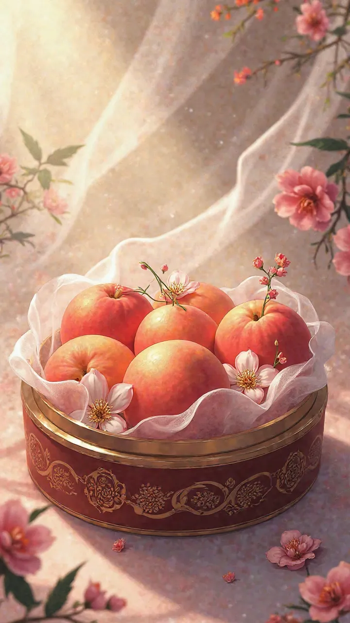 Three Kingdoms anime series: A round Chinese steamer lunch box containing a bunch of medium-sized Chinese peaches, some flowers, and a white transparent silk shawl.