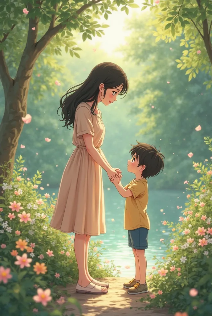 A beautiful mother is holding hands with her son, (Retro anime style) , Nature scenery in the background 