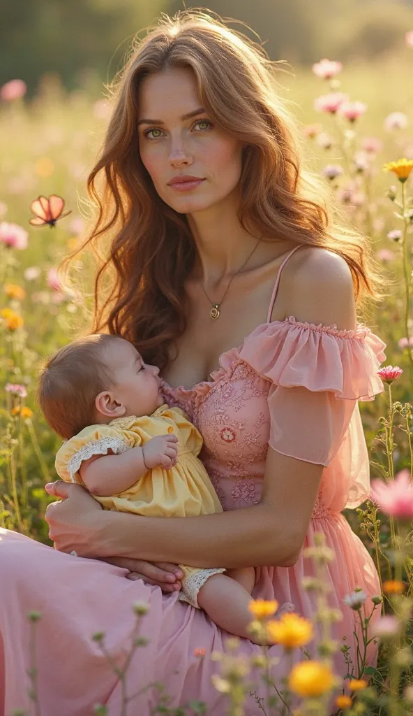 A fair-skinned European mother with long, wavy chestnut hair, wearing an elegant pastel pink gown with delicate floral embroidery, sits in a sunlit meadow filled with wildflowers. She gently cradles her baby, who is dressed in a charming yellow outfit with...