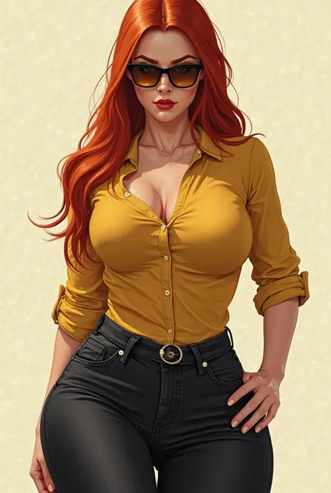  A very sexy woman , redheaded with a sculptural body,  straight hair,  with big breasts, with dark yellow blouse, very tight black jeans, with dark yellow-frame sunglasses 