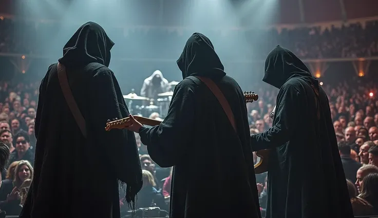 There are three mysterious hooded figures in a black, tattered cloak. One of them has a white cloak and is playing drums behind the stage. The other two people have black cloaks and have a guitar in their hands and are playing the guitar. They are giving a...