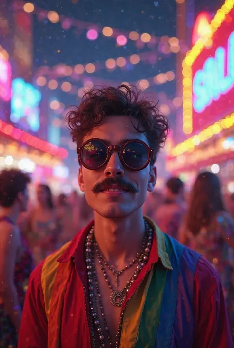 A 25-year-old with a mustache, Sunglasses at a homosexual carnival at night