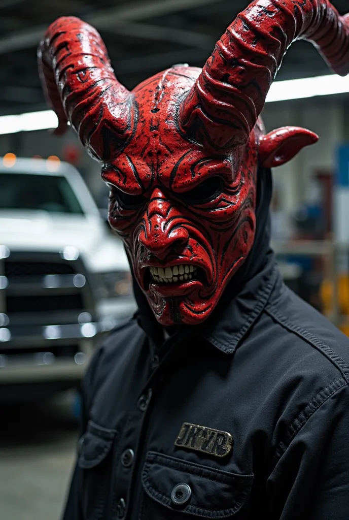 An image in which you can see a character wearing the mask of the Diablada dance, which is a dance from the Oruro carnival, bolivia. With a Dodge Ram 2500 turbo diesel car in an Automotive Aesthetics and Automotive Mechanics Workshop with a dark background...