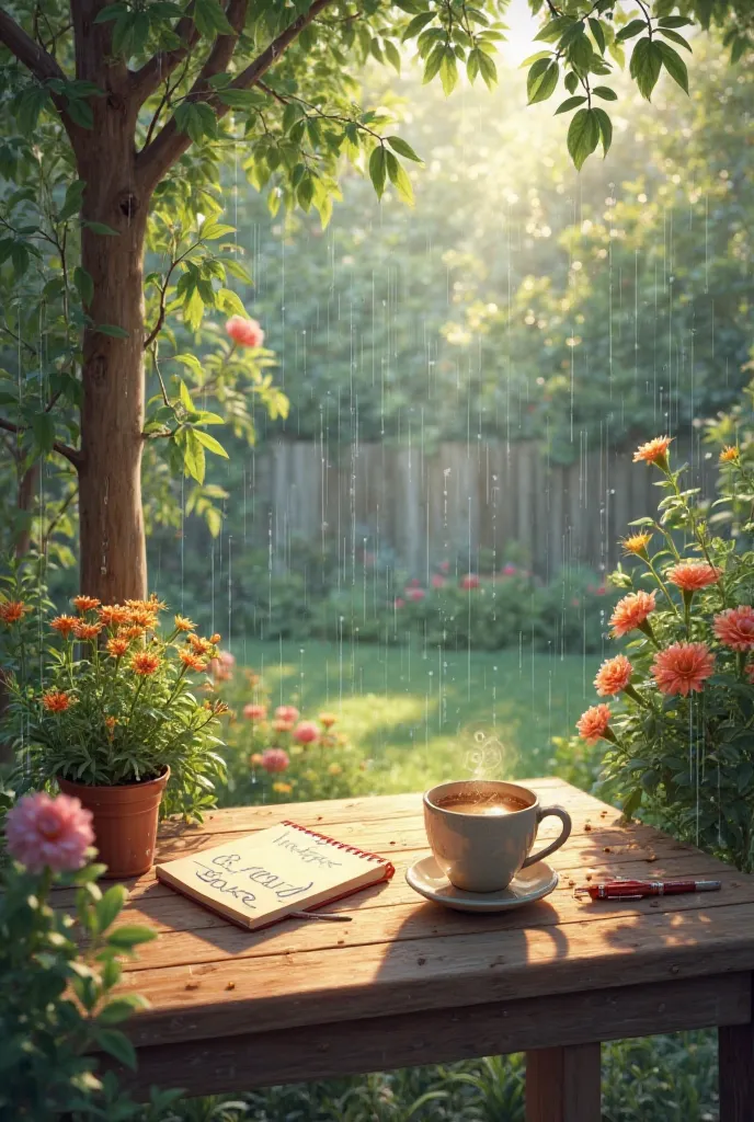 I want to create a unique image.. harmonious, rain, Beautiful view,  Plants, a beautiful yard. a table , a cup of coffee, a notebook and a pen , with a note that says "Real Love". 