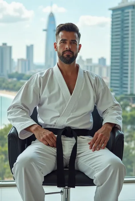 A businessman wearing a black belt karate outfit, sitting confidently on a modern chair. In the background, there is a scenic view of Balneário Camboriú with its iconic skyline, high-rise buildings, and beachfront. The scene blends corporate elegance with ...