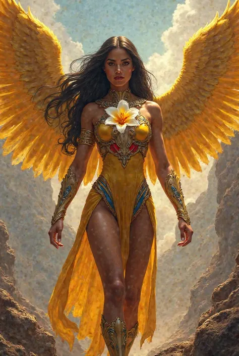 Not-so-dark-skinned superhero, Amazonian features, Straight hair, Alar de Condor Doradas, Yellow outfit, blue and red with an orchid in the center