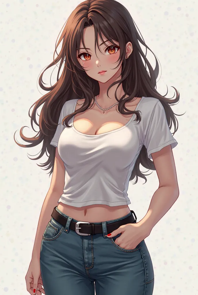  with brown hair, draw a taut anime girl in big breasted white tight t-shirt altran waist bra and tight jeans 