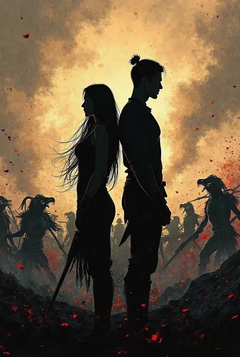 Create a silhouette image of a woman with long hair and a man in the middle of a war filled with genges fighting in the background together with their backs to each other fighting together