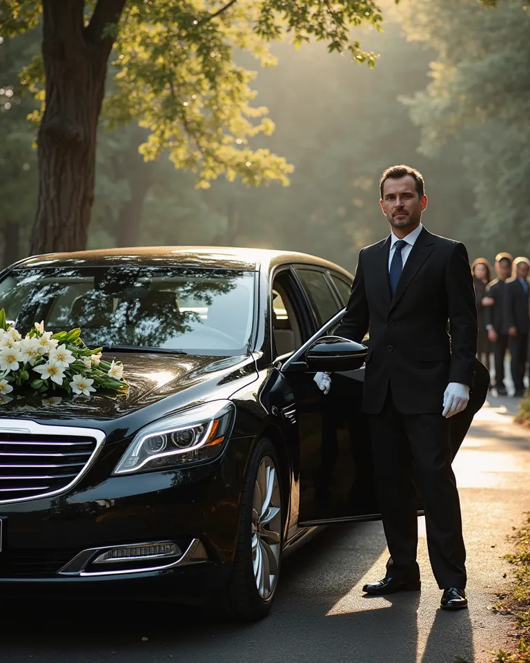 Create a highly realistic and emotionally resonant image depicting a sleek black luxury limousine parked outside a serene funeral home or a well-maintained cemetery. The setting should exude peace, dignity, and respect, with soft sunlight filtering through...