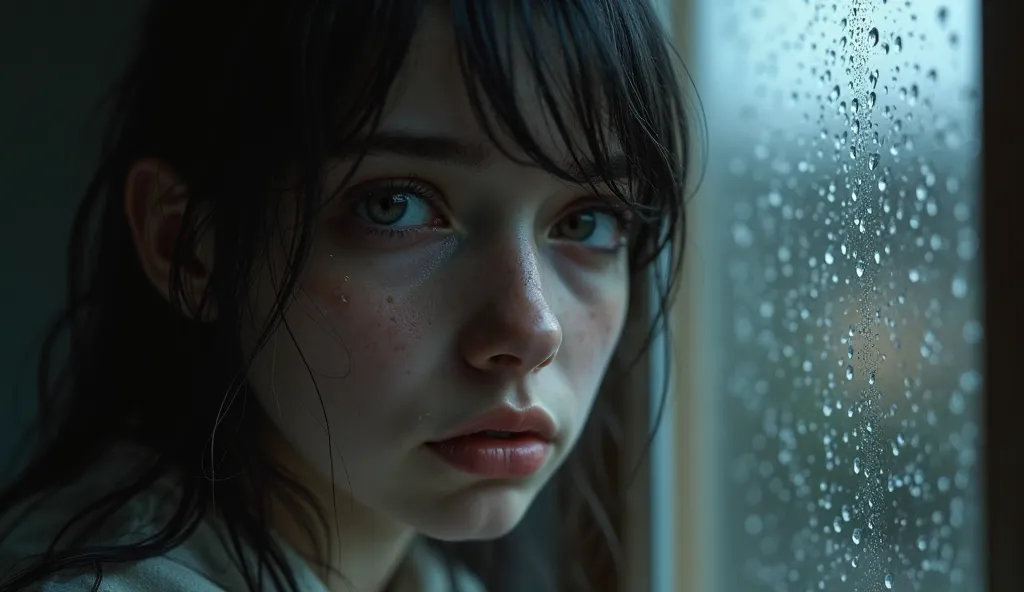 Face of a person with tears streaming down, looking out the window with raindrops, symbolizing breakup pain.