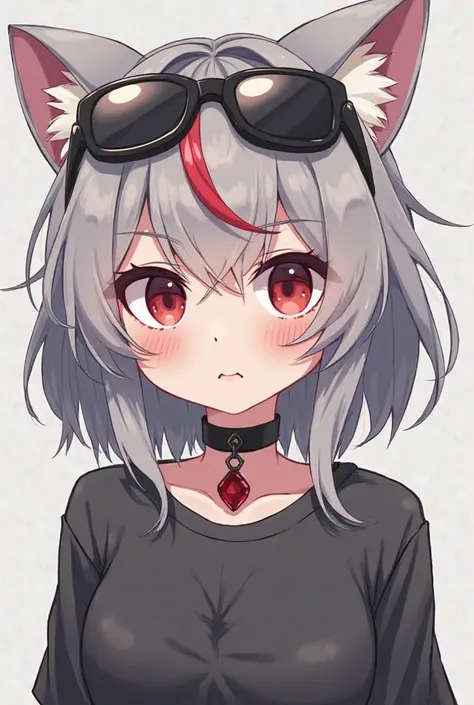 Appearance cute, but the character is not docile and teasing. 
gray hair , a little long with a red strand in the middle of the bangs. The hair seems to be disheveled because it is very energy. There are cute cat ears. dark, cool glasses on the head. 
The ...