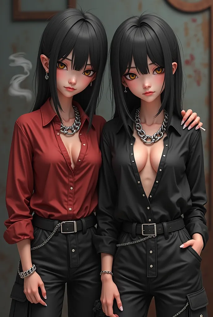 Twin girls with sharp cheekbones and facial features, of a rude character with a cold look , 3d model of manhwa,  black hair up to the shoulders and the other to the waist. One is wearing a red shirt and the other is wearing a black shirt that is unbuttone...