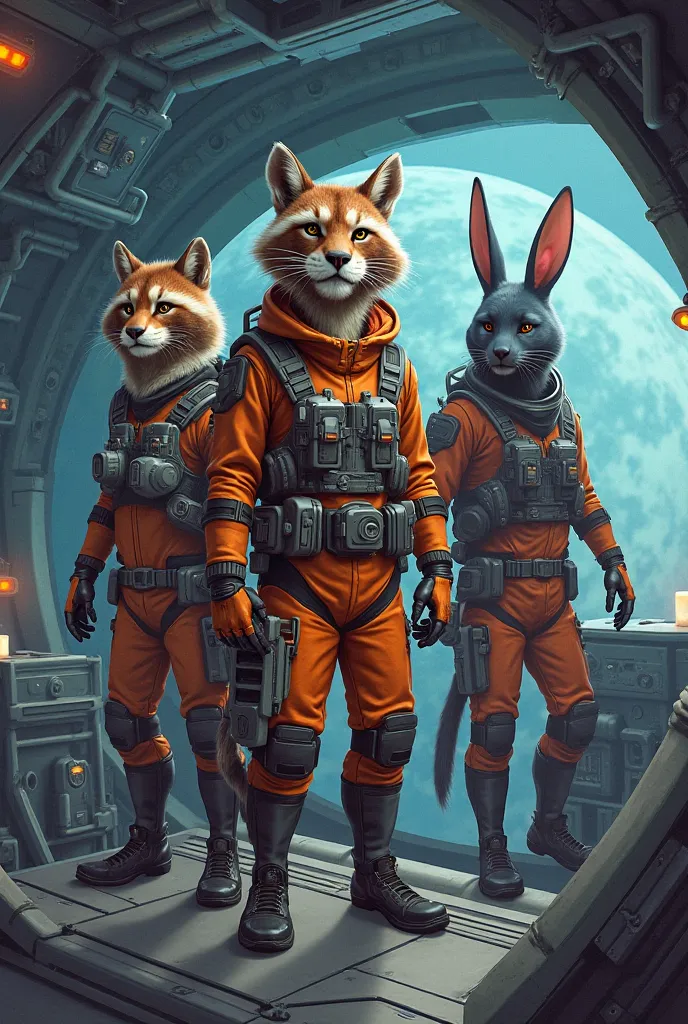 
"Imagine a crew of anthropomorphic animals aboard a spaceship exploring uncharted galaxies. Each character has a unique role: a clever raccoon engineer, a brave lion captain, a curious rabbit scientist, and a stealthy panther navigator. Design their futur...