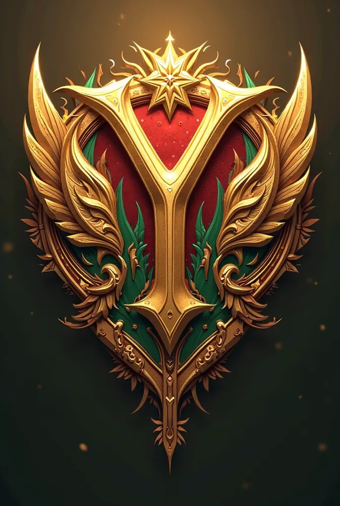 I need a gold logo, with red edges and golden wings on the sides,  y in the middle ,  with green letters  :True ren of Earth