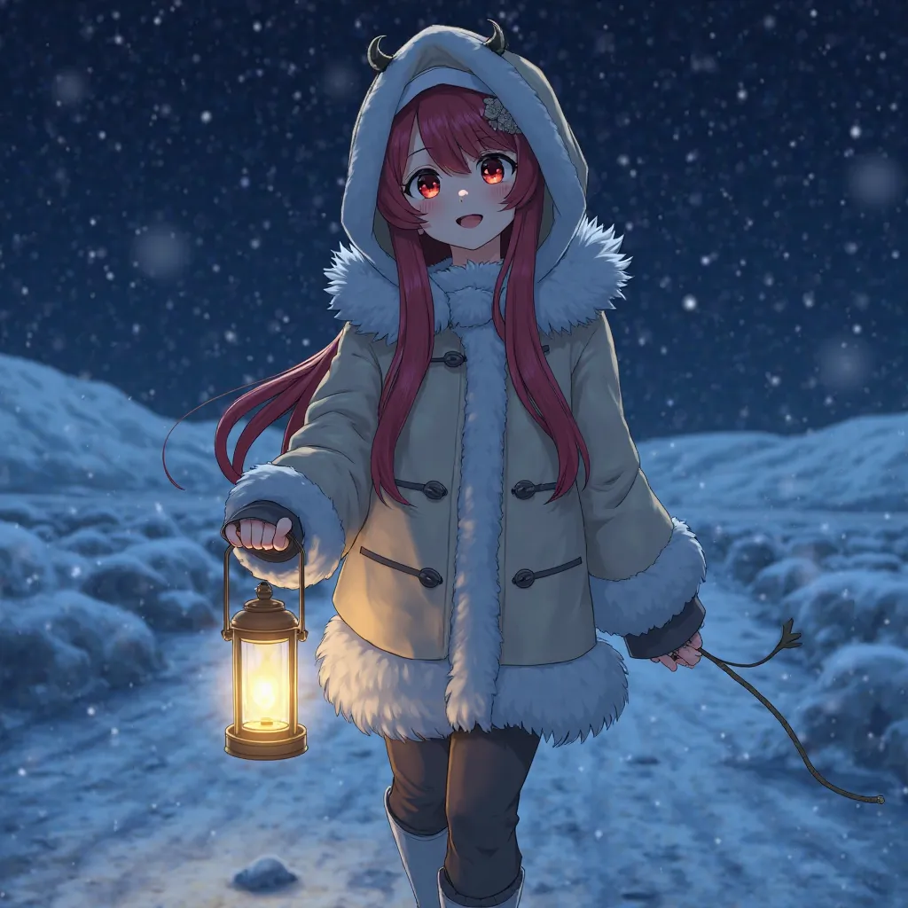 high resolution, Ein anime-Mädchen, long red hair,walks through an ice landscape at night, She wears a lantern, The girl is wearing a winter coat with white fur and has the hood on. The girl has two short black horns on her forehead. She is happy. There ar...