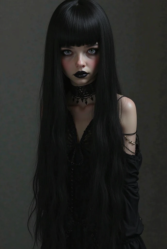 create a 3d image, gothic girl with long straight and loose black hair, with fangs and mini eyes with spooky eyes, vampire fangs on her teeth, adult and rude but feminine, pale as death. position. Gothic-style long dress, and the background of your choice,...