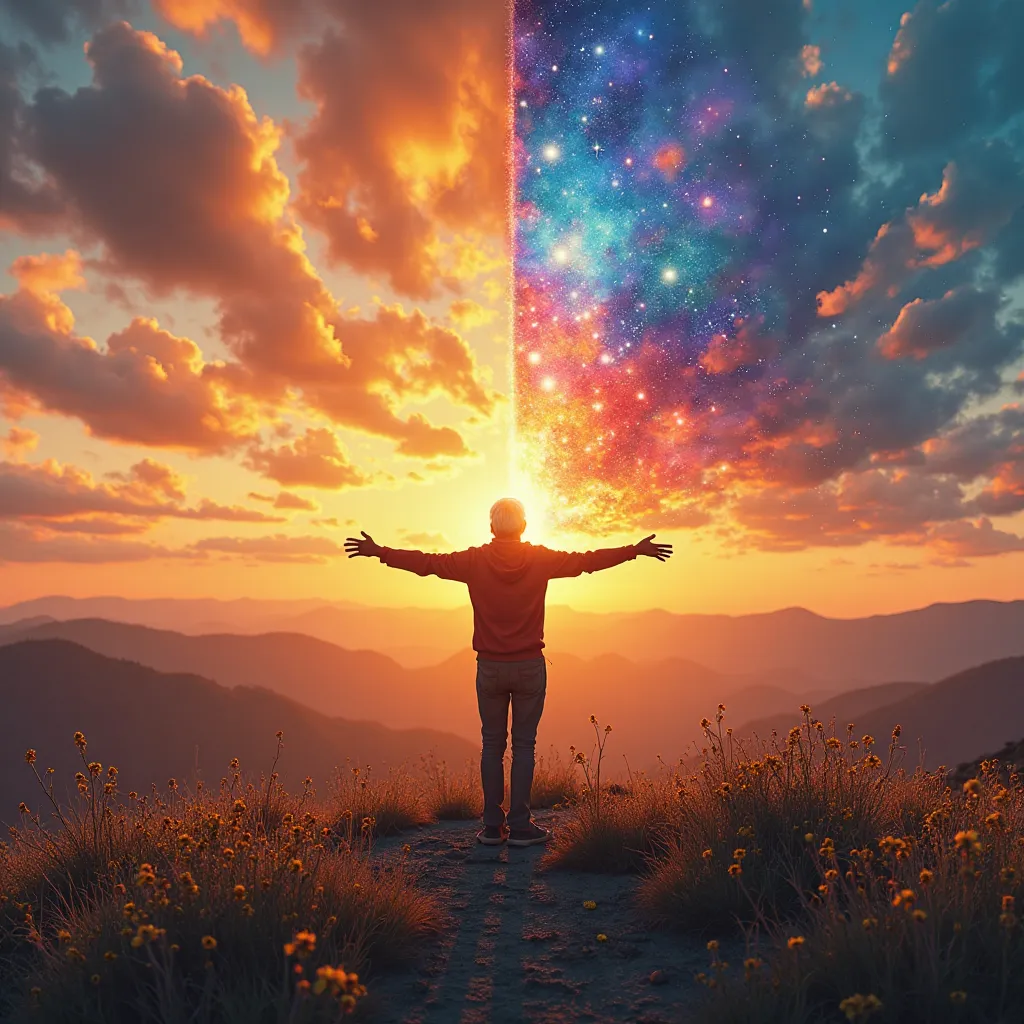 An elderly person standing on a hilltop at sunrise, arms outstretched toward a colorful horizon. One half of the image shows them in present time, while the other half transitions into a vibrant dream-like sequence revealing their younger self pursuing var...