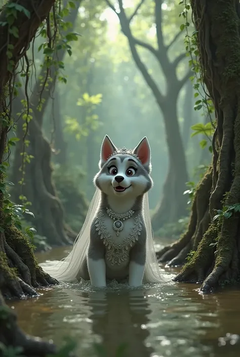 Everest furry from a paw patrol with long hair in a wedding room drowns in a swamp waist-deep in the forest 