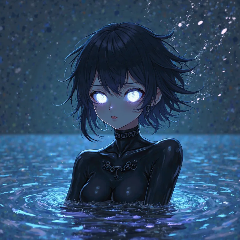 Anime man whose body is completely black, only her eyes glow with white effects, and a water background with lots of gradient neon effects and a fluttering black chain, in addition, she sees from afar, and her hair flutters in 4k when changing shadows from...