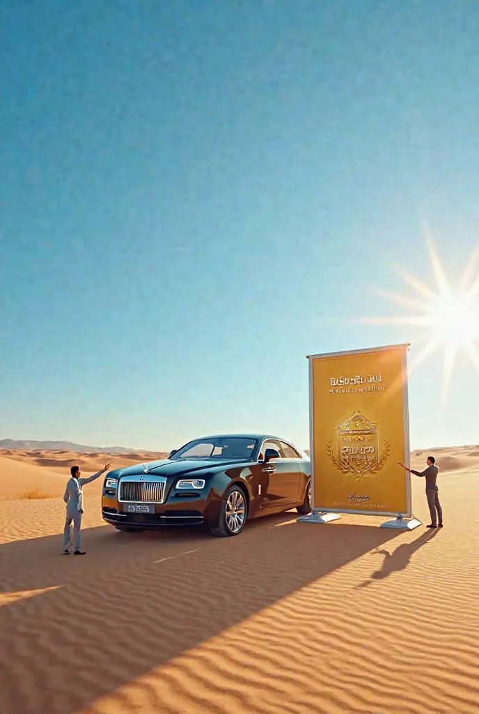 A luxurious car parked in a vast desert landscape under a bright blue sky. Tiny human figures stand next to the car, pointing at a giant banner displaying a golden promotional offer. The company logo 'Khat Al Alam Cars' is prominently displayed on the bann...