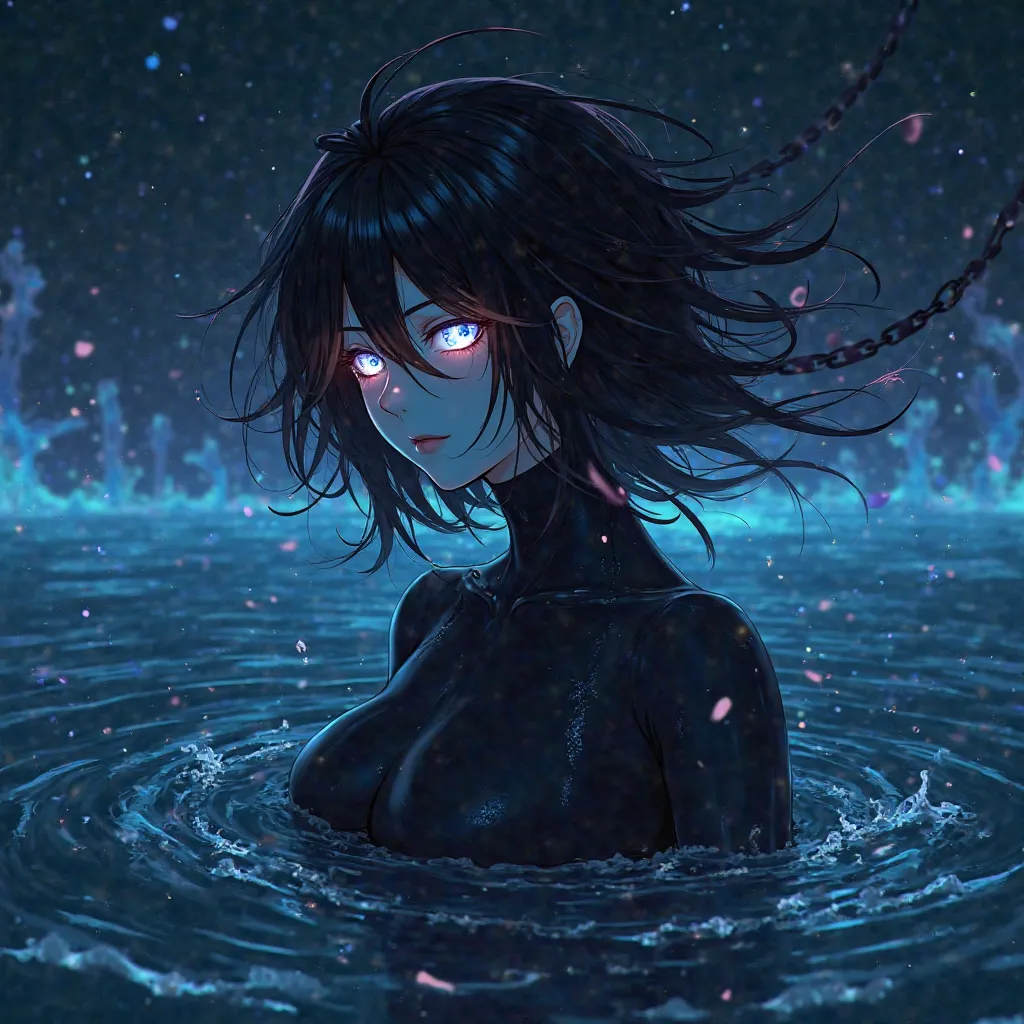 Anime man whose body is completely black, only her eyes glow with white effects, and a water background with lots of gradient neon effects and a fluttering black chain, in addition, she sees from afar, and her hair flutters in 4k when changing shadows from...