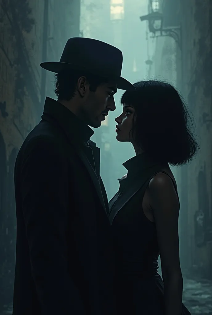 Prepare a book cover for me: a male detective and a woman with a black bob haircut. Their faces shouldn't be visible, only their silhouettes, and the atmosphere should be dark.

