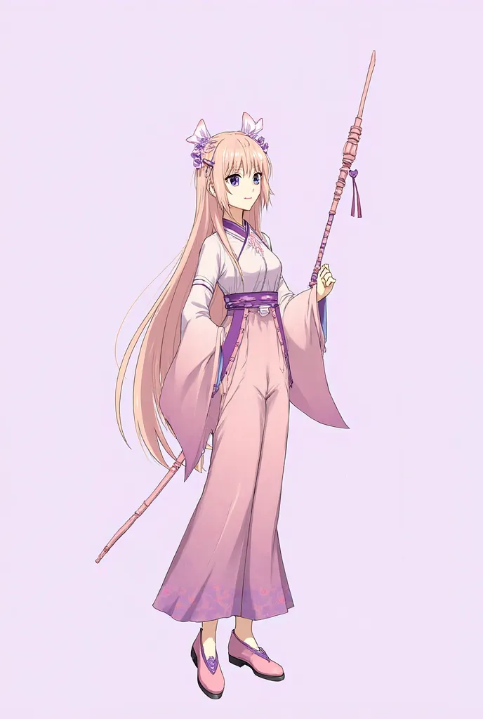 Ancient Chinese anime character, long hair, light pink, with light purple jewelry on her head, wearing a light pink blouse with a light purple combination, light pink pants with a light purple combination, Chinese antique Chinese shoes, light pink mixed wi...