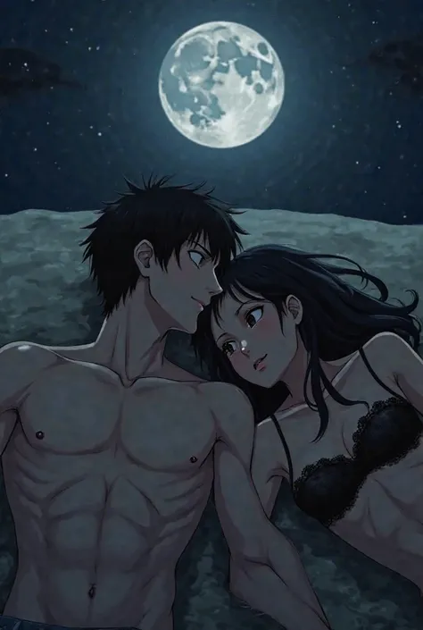 a man with short black hair is shirtless lying next to a woman with long black hair she is 27 years old so her appearance is more mature, she is wearing a black lace bra. They are lying in the sand facing the moon O. It's dark because it's nighttime. the w...