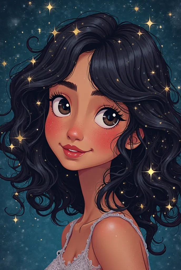  A young adult woman . Very dark and gracefully curly hair. Stars shining in your hair.  cartoon style 