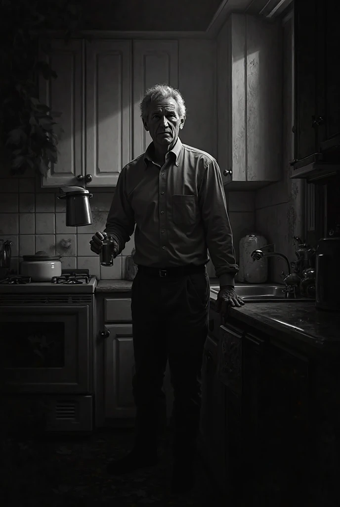 Image of a man in a kitchen pouring himself water image of terror and suspense in black and white 