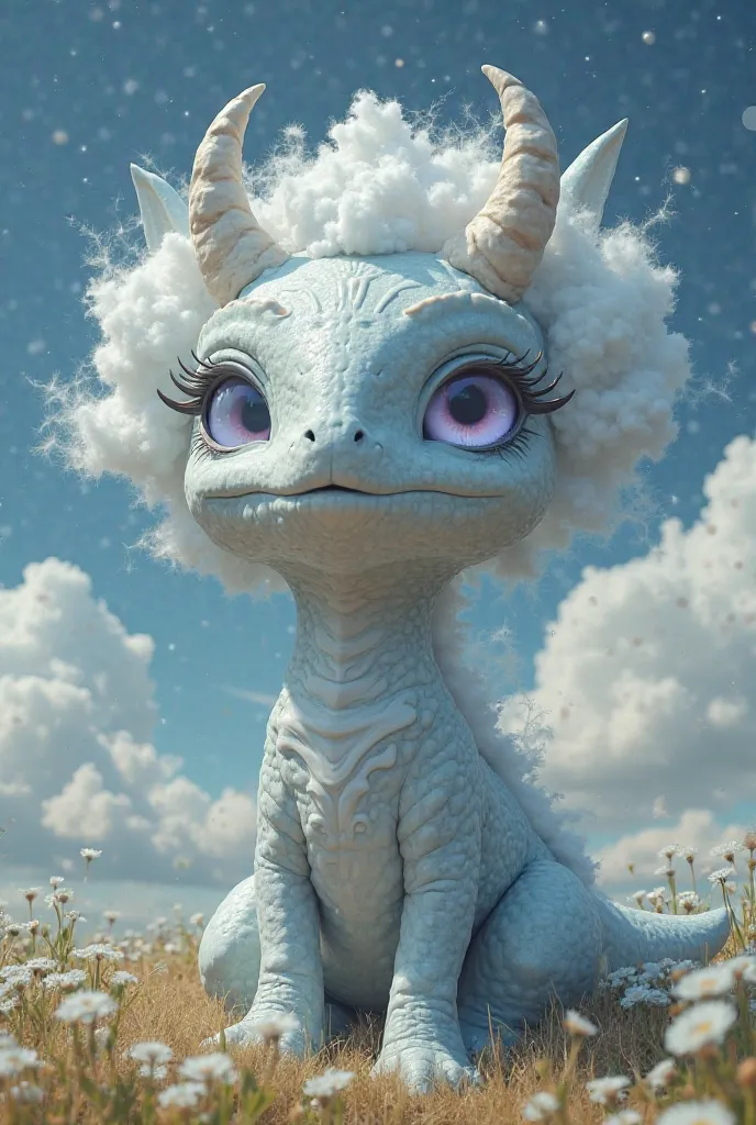 Star monster half cloud and half marble with horns and hazy clouds surrounding the temples like a crown... Almost human face Long gray hands...It looks like a cute dinosaur with lilac eyes....It is a guardian of a blue-sky cave and a field of dandelions