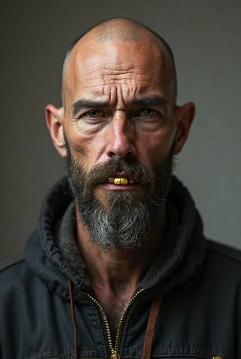 A man of about 30 years old, skinny, bald and with a gold tooth and with little hair on his beard.