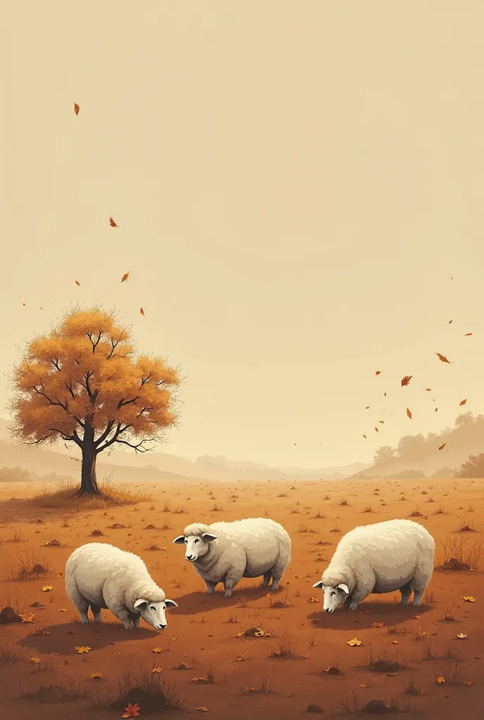 A photographic background with brown ground similar to an earthen pasture, With fenur scattered across the floor, 3 sheep grazing,  a dry tree .