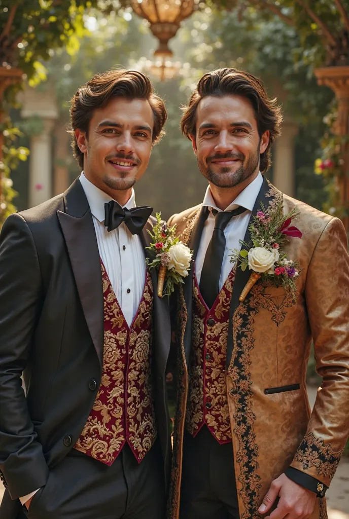 Une photo de mariage homosexuel être deux magnifiques hommes en tenue princière 