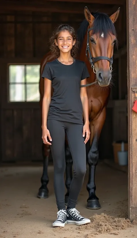  girl full body full body from head to toe, very smiling, with horseback riding leggings , very short, open-breasted t-shirt, And Converse All Star Taylor Chuck black sneakers, She is in the stable next to the horse 