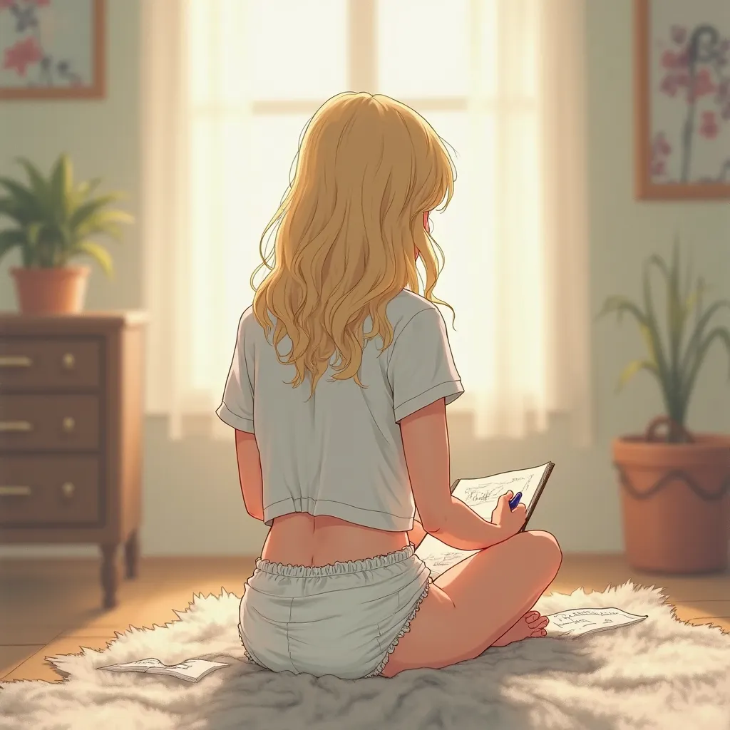 a blond girl, adult, in your room, seen from behind seated, with a large diaper and , loose t-shirt , Drawing style
