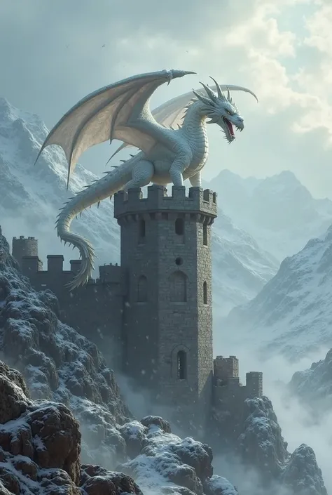 
Image of a white dragon on one of the towers of an abandoned castle among snowy mountains, 1120x630 pixel resolution