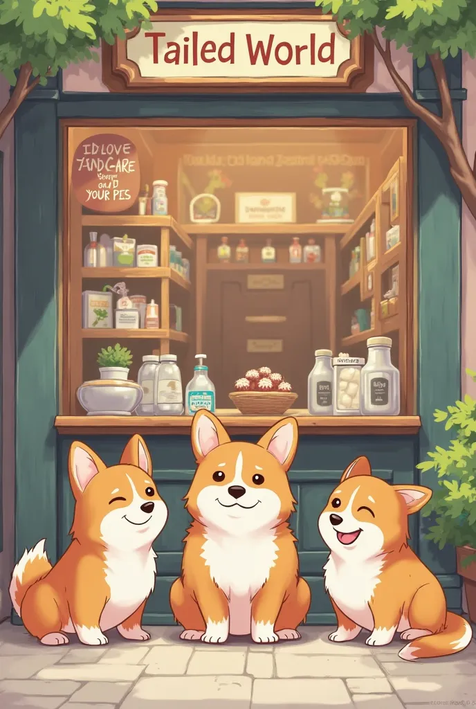 corgi in front of the Tailed World store in three different poses place the store's products on the counter in the background, include a phrase with love and care for your pets