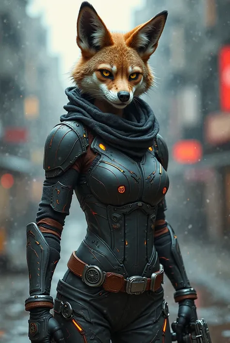 6. Futuristic Bounty Hunter
"Imagine a tough and stylish female coyote or hyena who’s a bounty hunter in a futuristic world. She wears a sleek armored suit with glowing accents and carries high-tech weapons. Show her in a gritty urban environment, tracking...