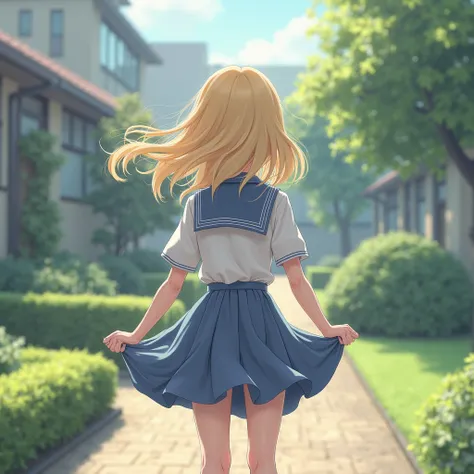 a blond girl,  ager, at school, garden wearing a school uniform,  seen from behind , skirt lifted by the wind, Light blue panties are in sight 