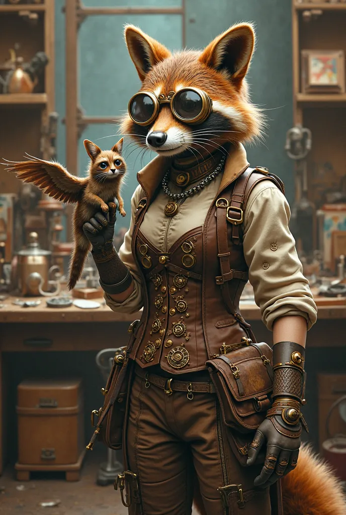 9. Steampunk Inventor
"Imagine a brilliant female raccoon or fox who’s a steampunk inventor. She wears goggles, a corset with gears and clockwork designs, and carries a satchel of tools. Show her in her workshop, surrounded by half-finished inventions, as ...