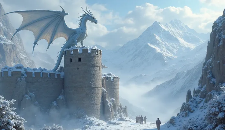 Image of a white dragon on one of the towers of an abandoned castle among snowy mountains, Breathing out a cold breath towards a group of adventurers who can only see their shapes in the distance