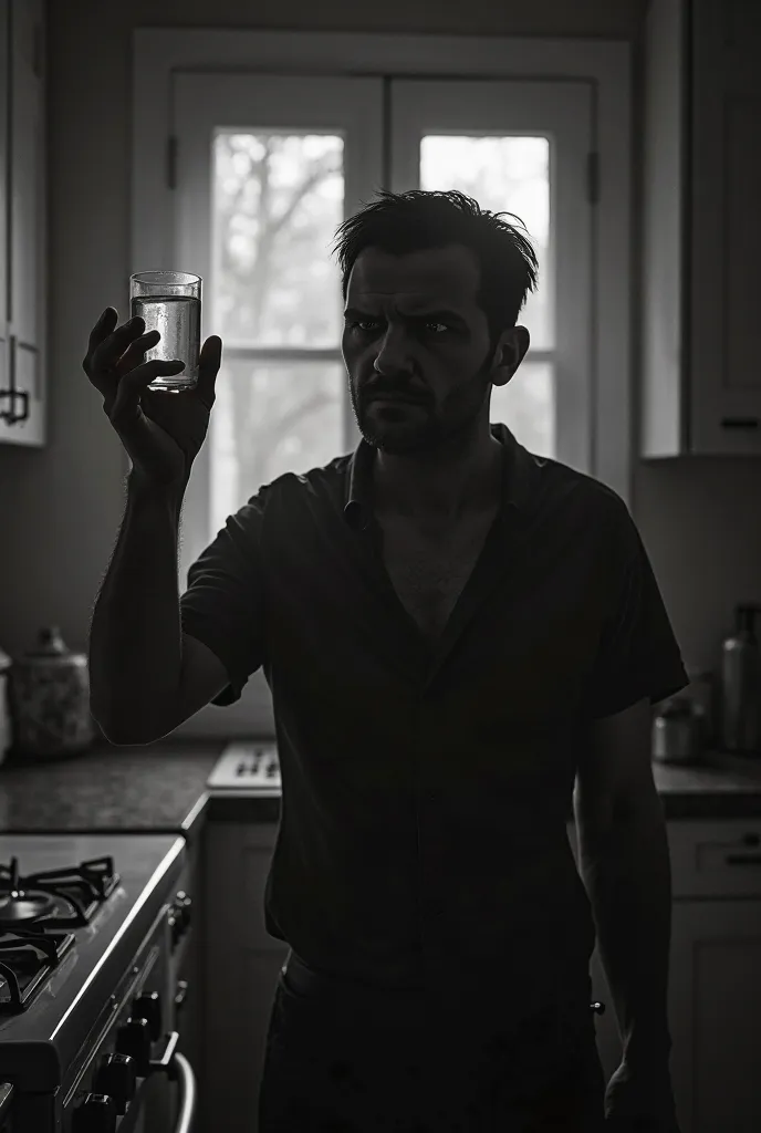 A man in a kitchen pouring himself water Horror image in black and white 