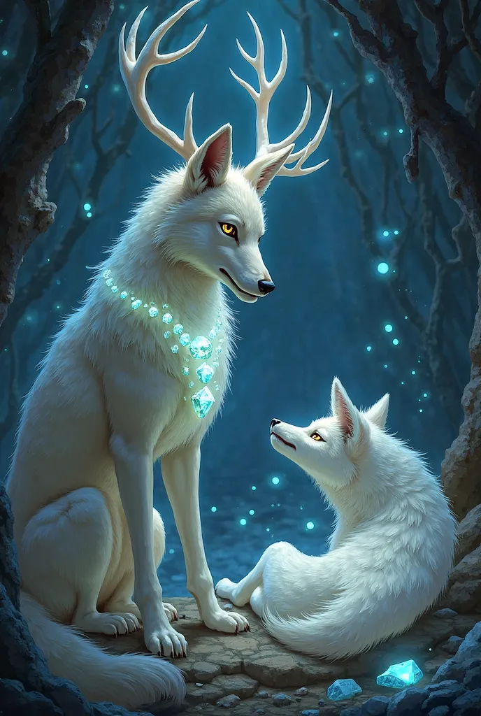 13. Crystal Healer
"Design a gentle and nurturing female wolf or deer who is a healer using the power of crystals. Her fur glows faintly, and she wears a necklace of glowing gemstones. Show her in a tranquil cave filled with glowing crystals, healing a wou...